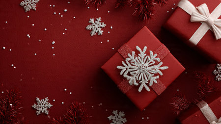 Luxurious red-and-gold flat-lay with premium handcrafted elements.の写真素材