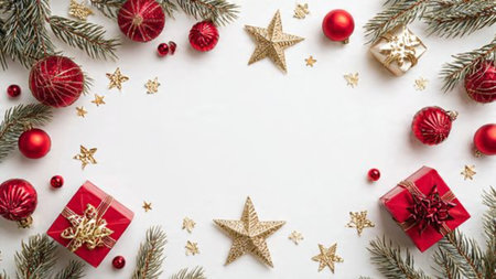 Red-centric holiday theme with precise golden highlights and clean, minimal packaging.