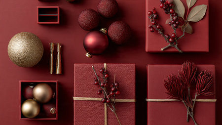 Modern red-and-gold holiday arrangement showcasing minimal dの写真素材