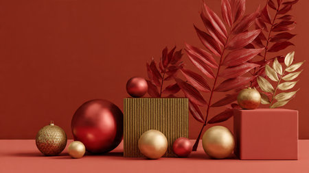 Matte holiday border using soft velvet red tones and modern ornaments.