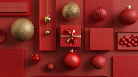 Elegant Christmas flat-lay with glossy stars, ribbon curls, and statement gift boxes.