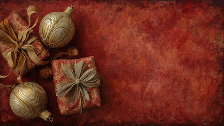 Retro yuletide scene featuring rough red textures and antique gold accents.
