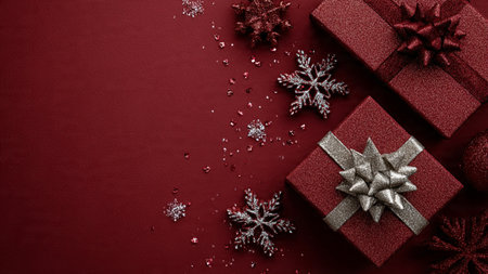 Matte holiday border using soft velvet red tones and modern ornaments.