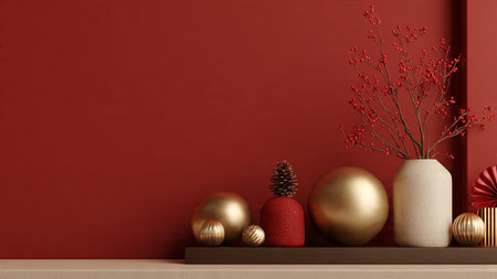 Minimalist red flat-lay with carefully aligned ornaments and metallic gold accents.の写真素材