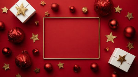 Deep red textured background paired with antique-style golden snowflakes.
