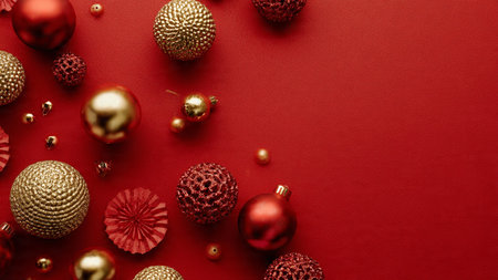 Red holiday flat-lay accented with subtle golden ornaments and minimalist gifts.の写真素材