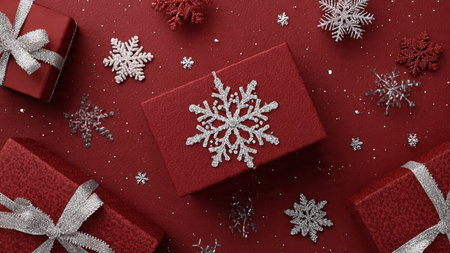 Snowflake-ornament top-view on a soft matte red background.