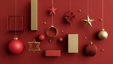 Traditional golden-star Christmas frame paired with shiny red dの写真素材