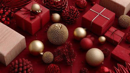 Warm Christmas layout combining gold stars, red ornaments, and ribboned gift boxes.の写真素材