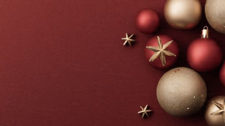 Glamorous Christmas flat-lay with glittering ornaments and bold red highlights.の写真素材