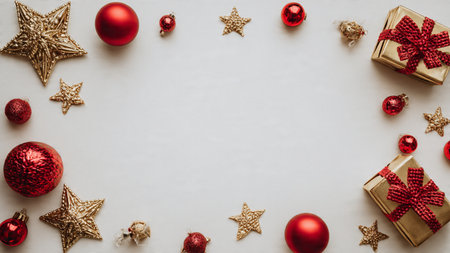 Classic festive layout built with traditional gold stars and dark red baubles.の写真素材