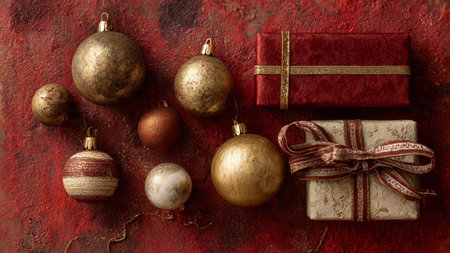 Classic Christmas setup decorated with golden stars, red ornaments, and timeless gift boxes.の写真素材
