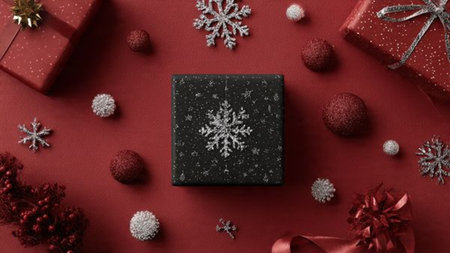 Gold stars and red baubles forming a traditional holiday border around gift boxes.の写真素材