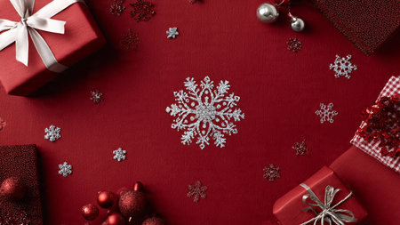 Matched red top view enhanced by glitter snowflakes and premium wrapped holiday gifts.