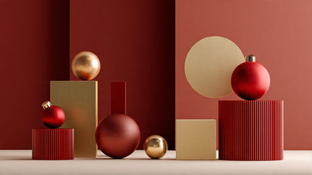 Deep red festive flat-lay enriched with tiny gold accents and minimal packaging.の写真素材