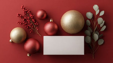 Shimmering gold stars and warm red baubles forming a festive classic border.