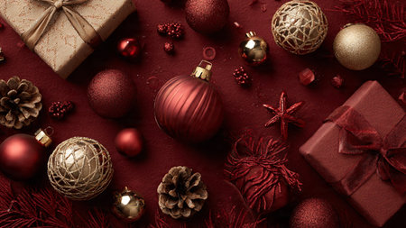 Deep red monochrome aesthetic touched with elegant golden accents and neat gift arrangements.