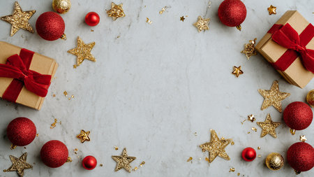 Sleek minimalist holiday theme featuring balanced red and gold accents.