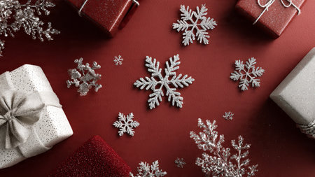 Contemporary holiday minimalism using refined red-and-gold tones and balanced spacing.の写真素材