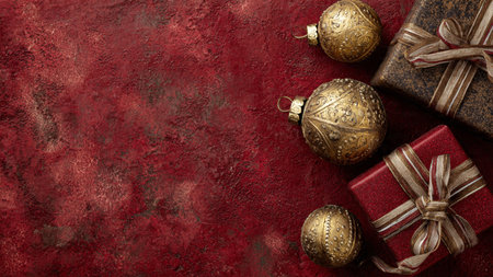 Vintage rustic Christmas flat-lay with old red textures, antique gold items, and brown-paper gifts.