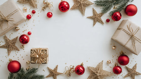 Luxurious Christmas flat-lay featuring deep red fabric, scattered golden ornaments, and elegantly...