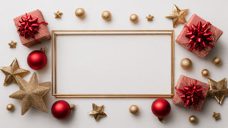 Red-toned festive design with golden accent decorations and refined minimal gift styling.の写真素材