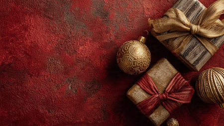 Glitter-snowflake top-view holiday display on matte red with luxurious wrapping.の写真素材