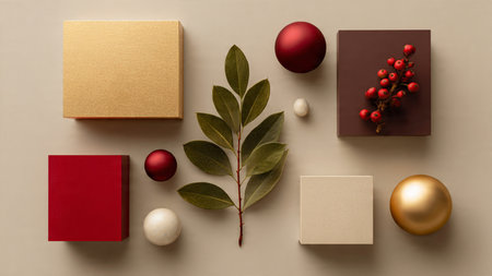 Luxurious gift-themed mockup featuring premium wrapping paper and golden accessories.の写真素材