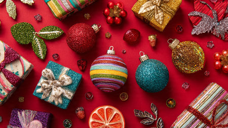 Simple modern red-and-gold holiday arrangement with premium minimal style.の写真素材