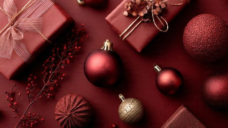 Classic Christmas display mixing shimmering gold stars and polished red baubles.の写真素材
