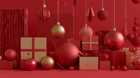 Retro red holiday spread featuring aged textures and golden vintage ornaments.