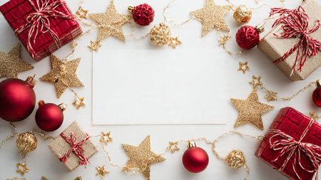 Traditional Christmas border adorned with metallic gold stars, glossy red spheres, and soft ribboned...
