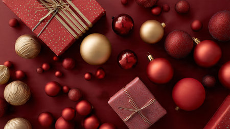 Elegant matte red top-view featuring glittered snowflakes and detailed holiday gift boxes.