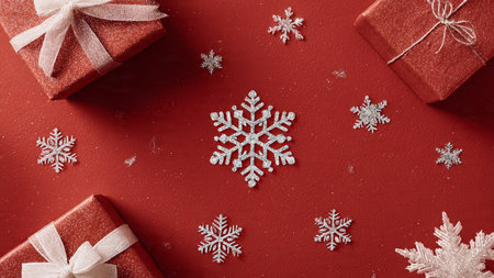 Monochrome red Christmas background with subtle golden accents and elegant minimal gifts.