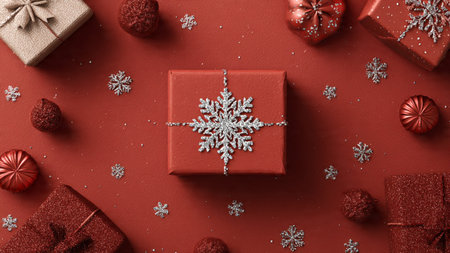 Dark red Christmas scene with glowing gold accents and sparkling holiday elements.