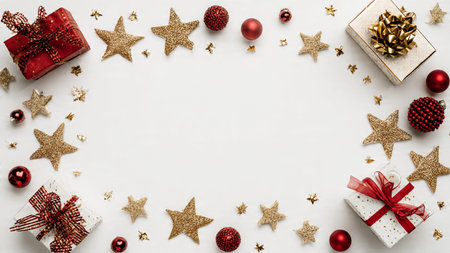 Snowflake-sparkled flat-lay shot over matte red festive texture.