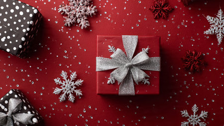 Classic golden-star holiday frame supported by glossy red baubles and elegant festive gift boxes.の写真素材