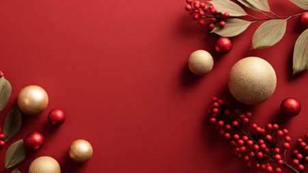 Artistic Christmas frame with asymmetrical festive elements and textured background.の写真素材