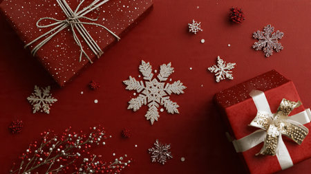 Detailed top-view scene with matte red tones, sparkling snowflakes, and refined luxury gifts.