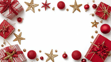 Top-view matte red Christmas mockup layered with sparkling snowflakes and luxury gift wrap accents.の写真素材