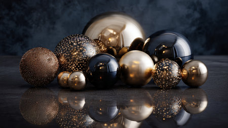 Festive frame glowing with luminous gold stars and classic red baubles.の写真素材