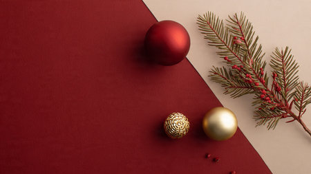 Classic golden-star holiday frame supported by glossy red baubles and elegant festive gift boxes.の写真素材