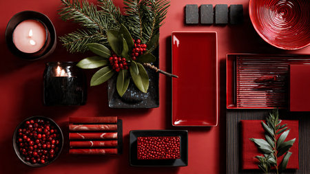Matte red festive flat-lay with shimmering snowflakes and premium wrap designs.