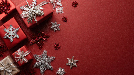 Classic festive surround made of bright red baubles, golden stars, and timeless packaged gifts.