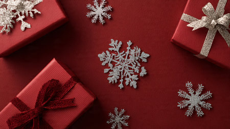Dark red monochrome theme with selective gold ornament highlights and neat minimal gift boxes.