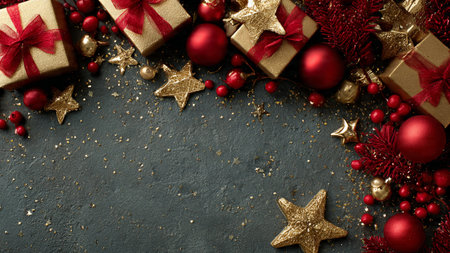 Elegant monochrome red scene with golden accent ornaments.