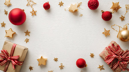 Top-view holiday background with matte red tones and shimmering snowflakes.