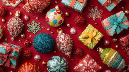 Red monochrome theme accented with polished gold ornaments and sleek minimal holiday boxes.