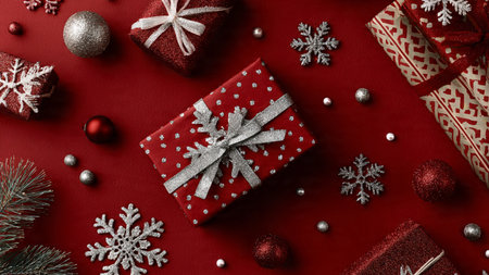 Timeless Christmas border filled with shiny gold stars and classic red decorations.の写真素材