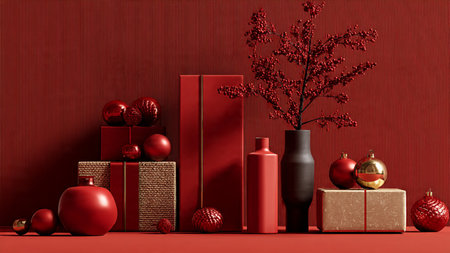 Old-fashioned yuletide setup with worn red textures and soft vintage gold pieces.の写真素材